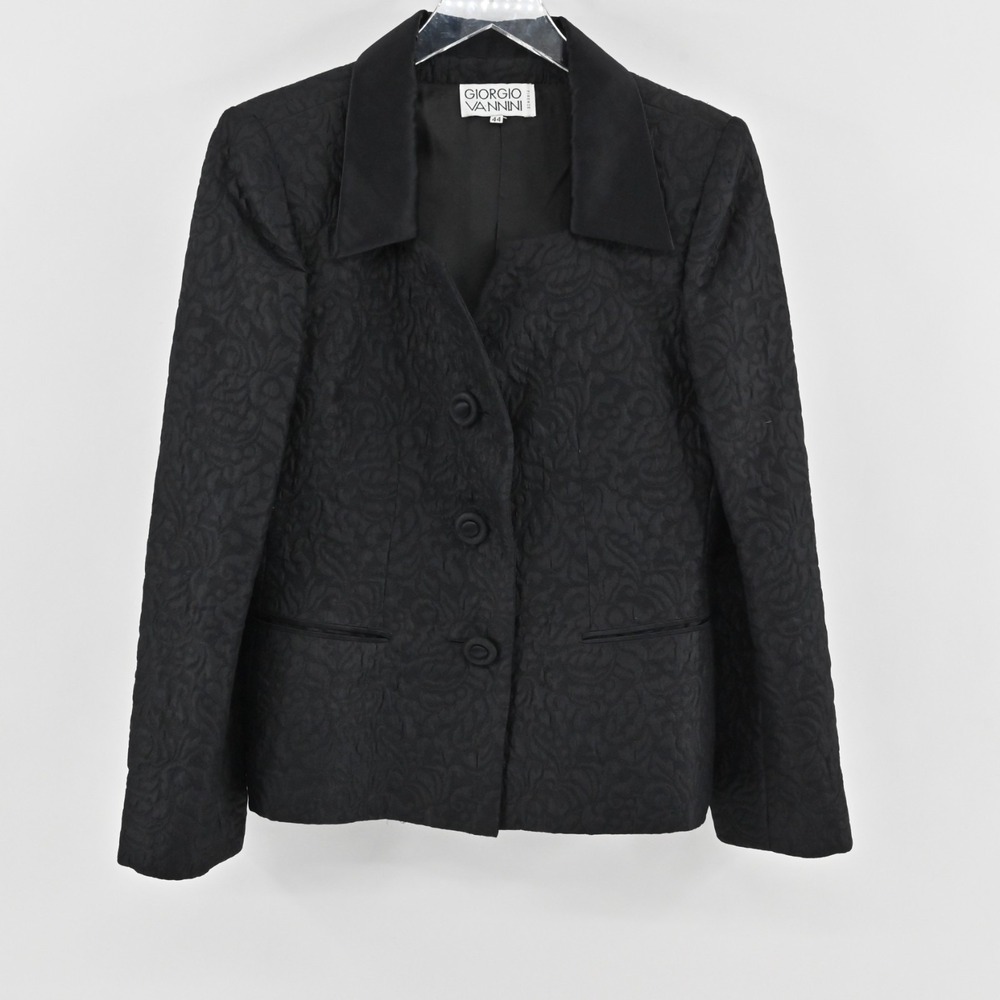 Vtg Giorgio Vannini Womens Jacquard Floral Blazer Size 44 Satin Black Jacket 80s
